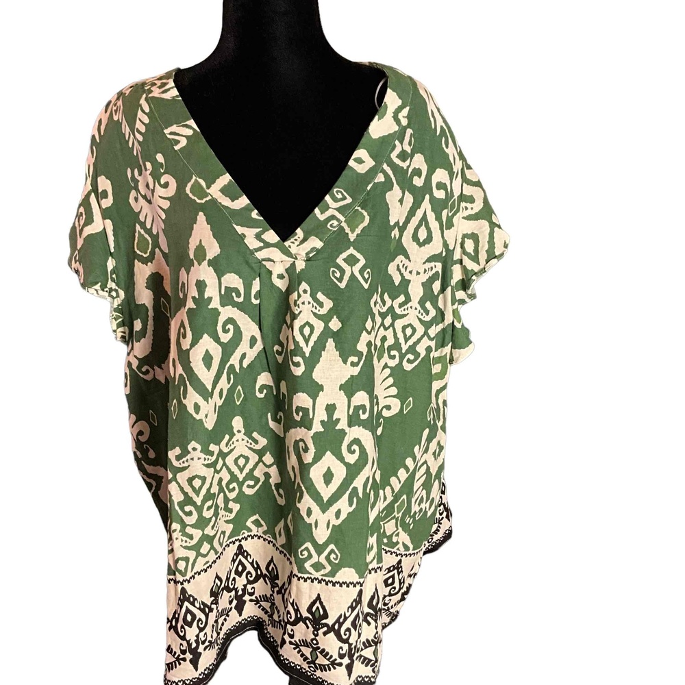 Rachel Zoe Womens Green Aztec V-Neck Short Sleeve Tunic Blouse Size 2X NWT